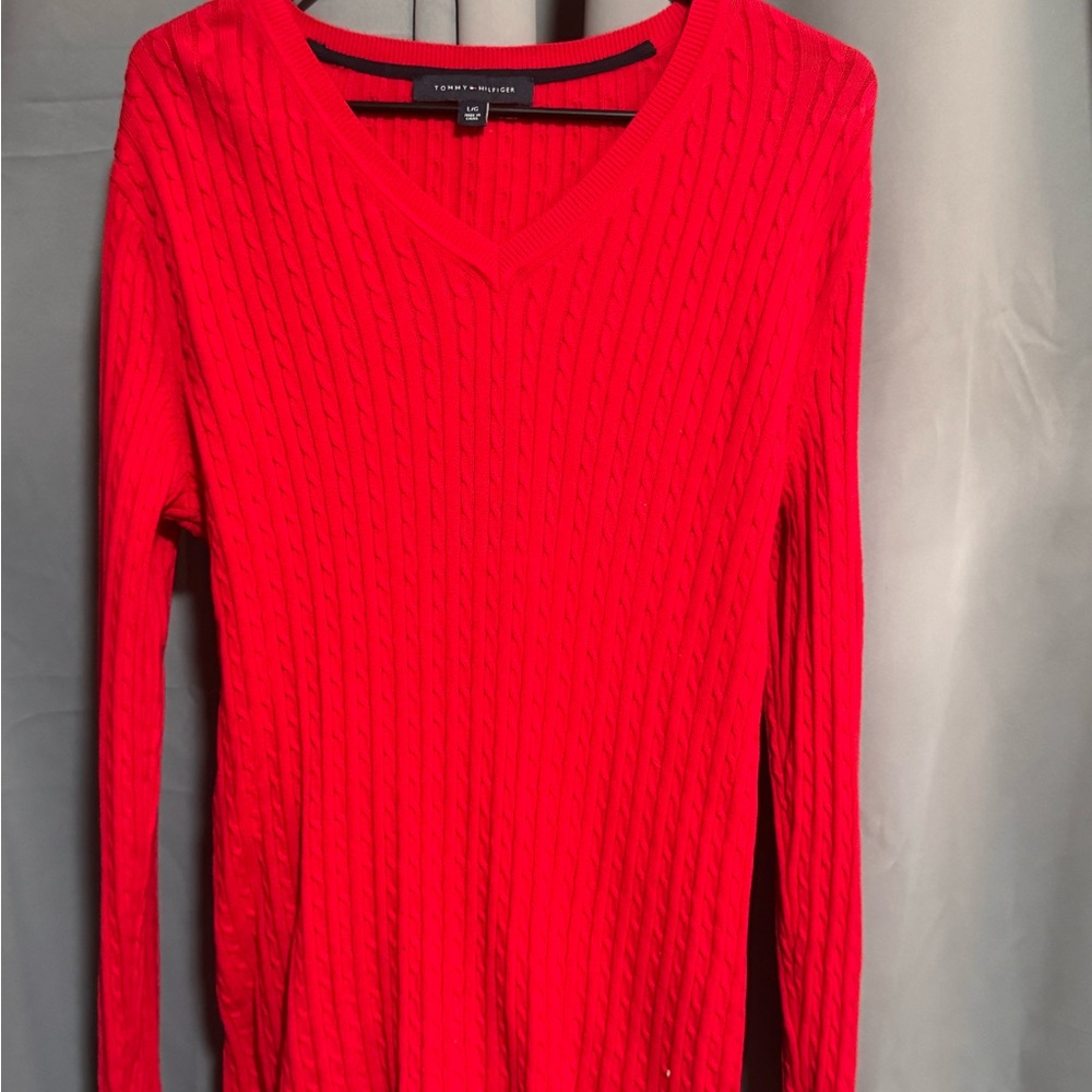 Tommy Hilfiger Red Cable Knit V-Neck Sweater